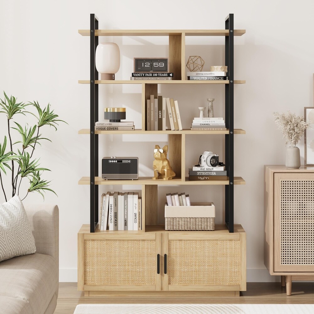 Ail 5 Tier Rattan Bookshelf with Storage Cabinet and door   43.3\