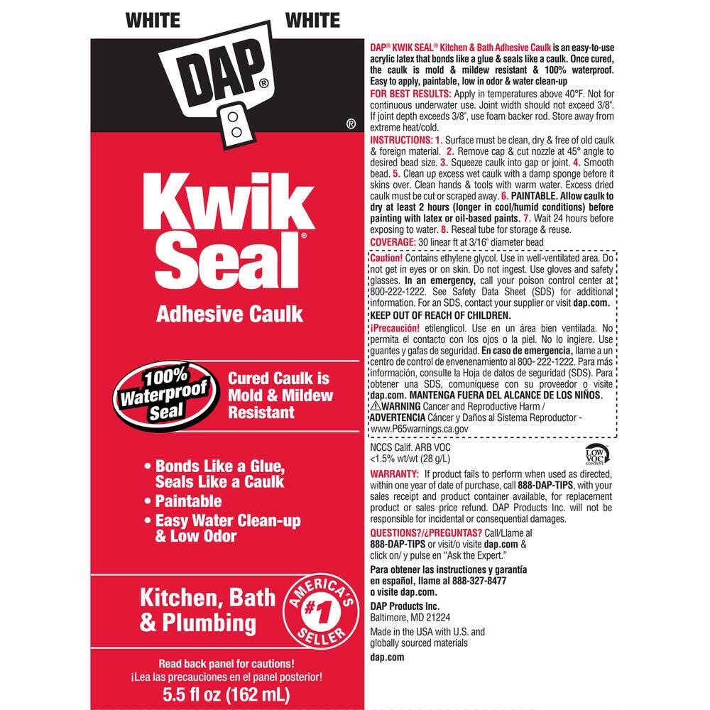 DAP Kwik Seal 5.5 oz. White Kitchen and Bath Adhesive Caulk 18873