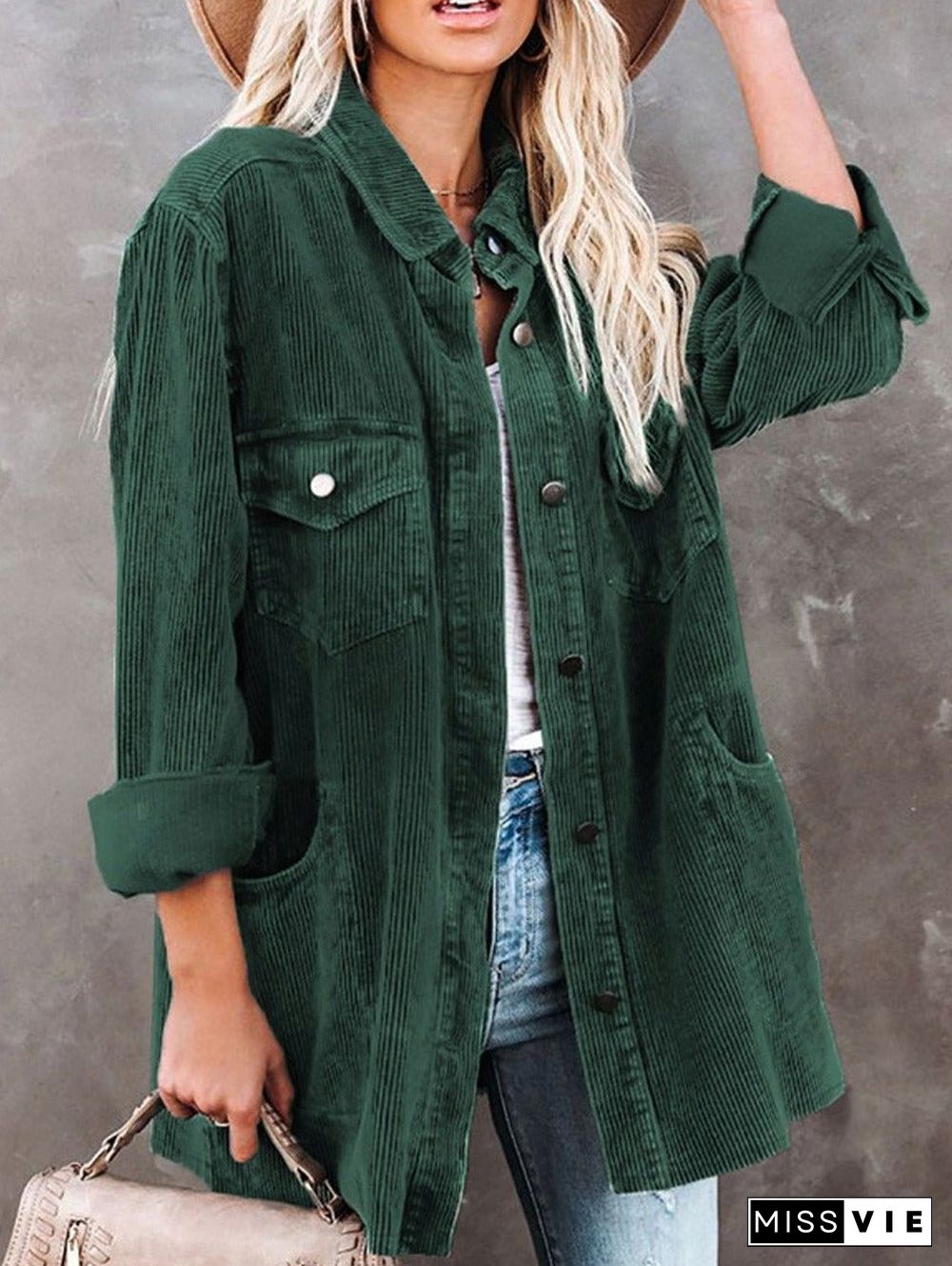 Casual Button And Pocket Corduroy Jacket Women