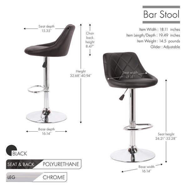 Porthos Home Rea Swivel Adjustable Height Bar Stool， PU Leather， Chrome Base