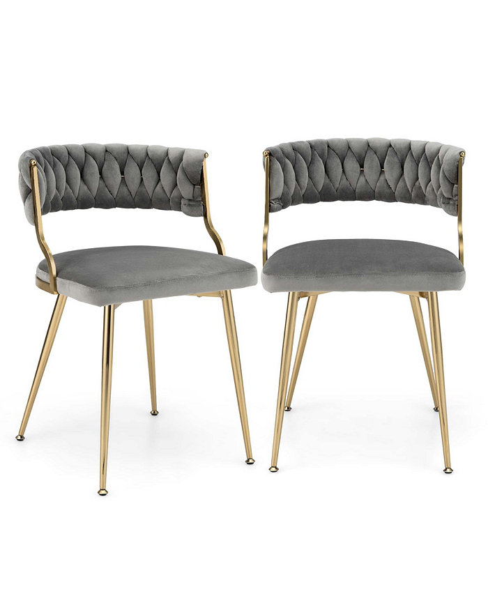 Costway Velvet Dining Chair Set of 2 Upholstered Modern Accent Chair with Woven Back