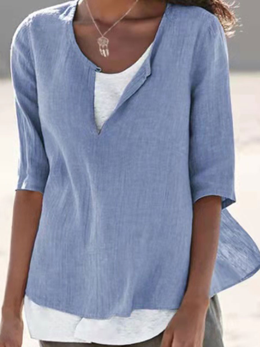 Round Neck Casual Loose Solid Color Long Sleeve Blouse