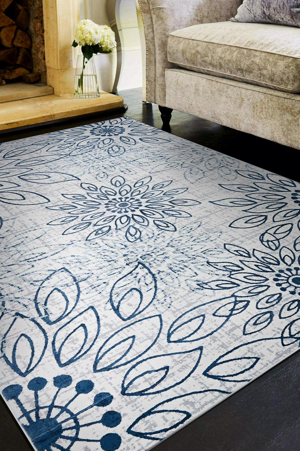 Calinda Summer Bliss Steel Blue-Ivory Area Rug  Multiple Sizes