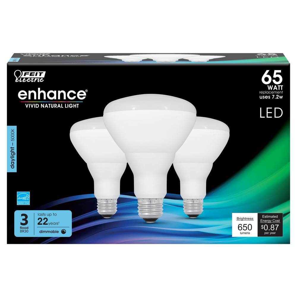 Feit Electric 65-Watt Equivalent BR30 Dimmable CEC ENERGY STAR Enhance 90+ CRI Flood LED Light Bulb Daylight 5000K (3-Pack) BR30DM950CA3