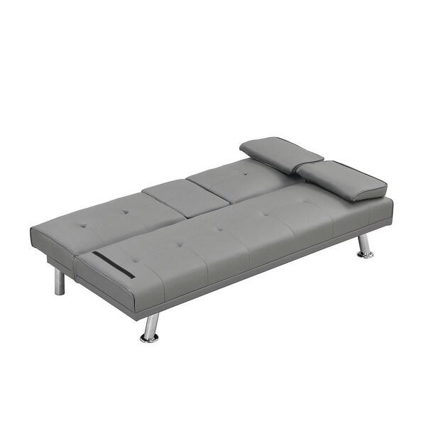 Wood Frame Futon sofa bed with Armrest， two holders