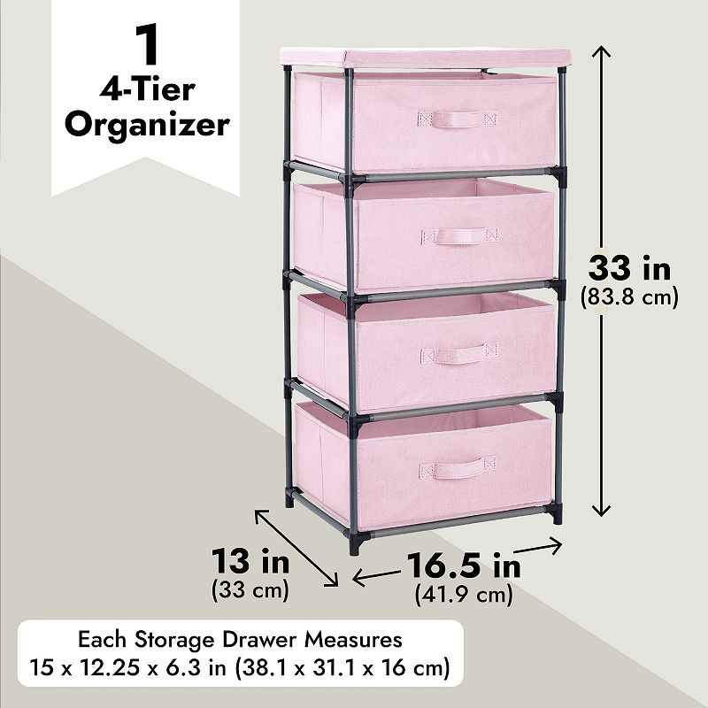 Pink 4 Drawer Dresser， Fabric Clothes Storage Stand For Bedroom， Nursery， Closet Organizer Unit