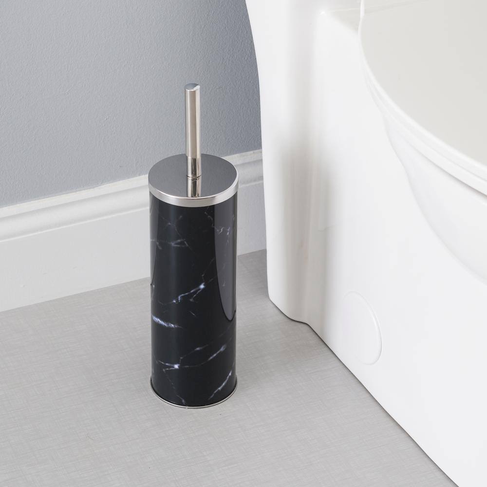 Home Basics Hide-Away Black Faux Marble Stainless Steel Toilet Brush Set HDC51571