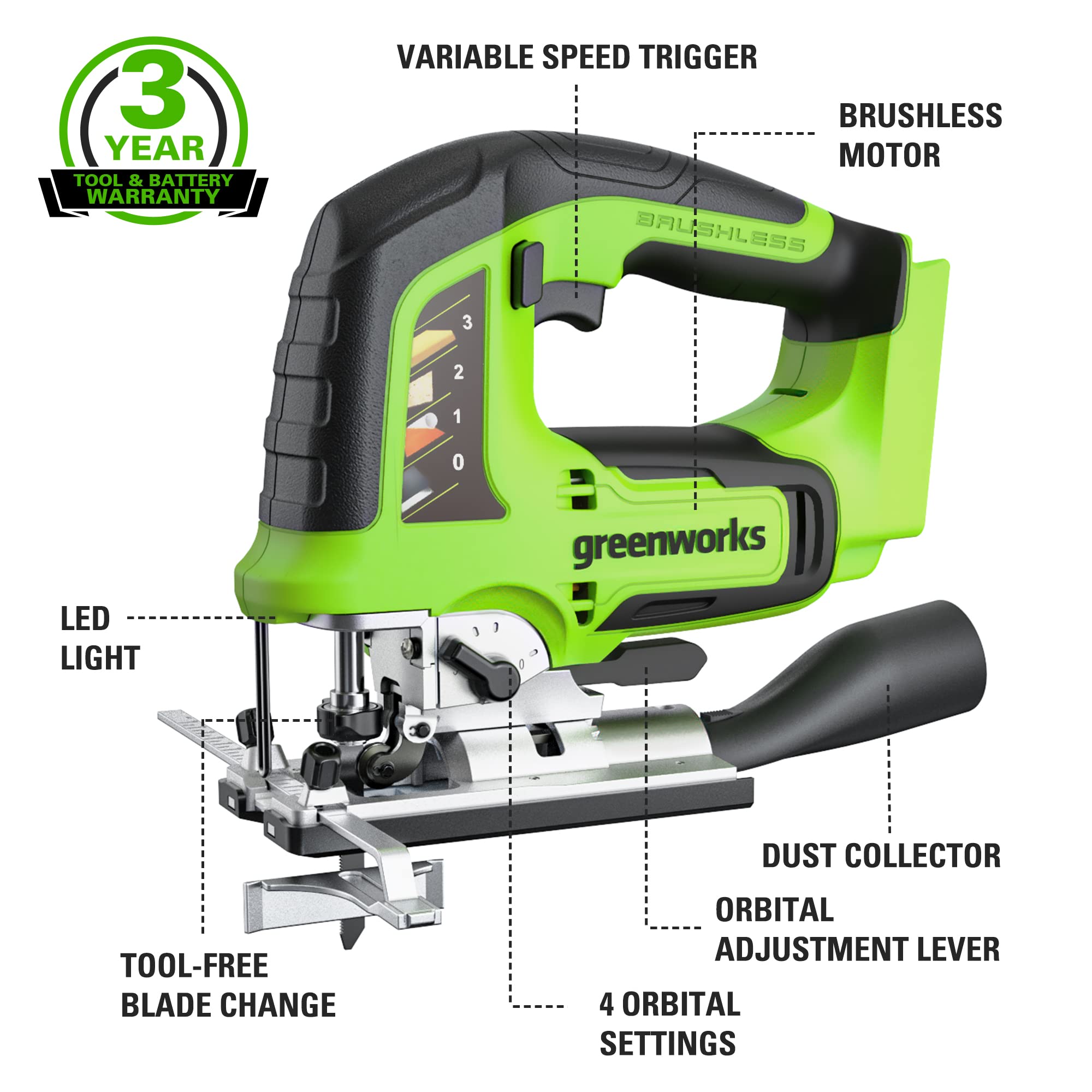 24V Brushless Jig Saw Tool Only | Greenworks