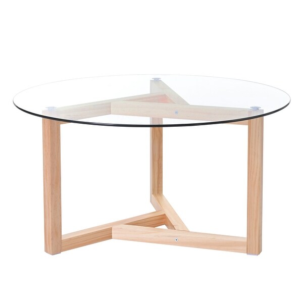 Round Glass Coffee Table with Tempered Glass Top and Sturdy Wood Base