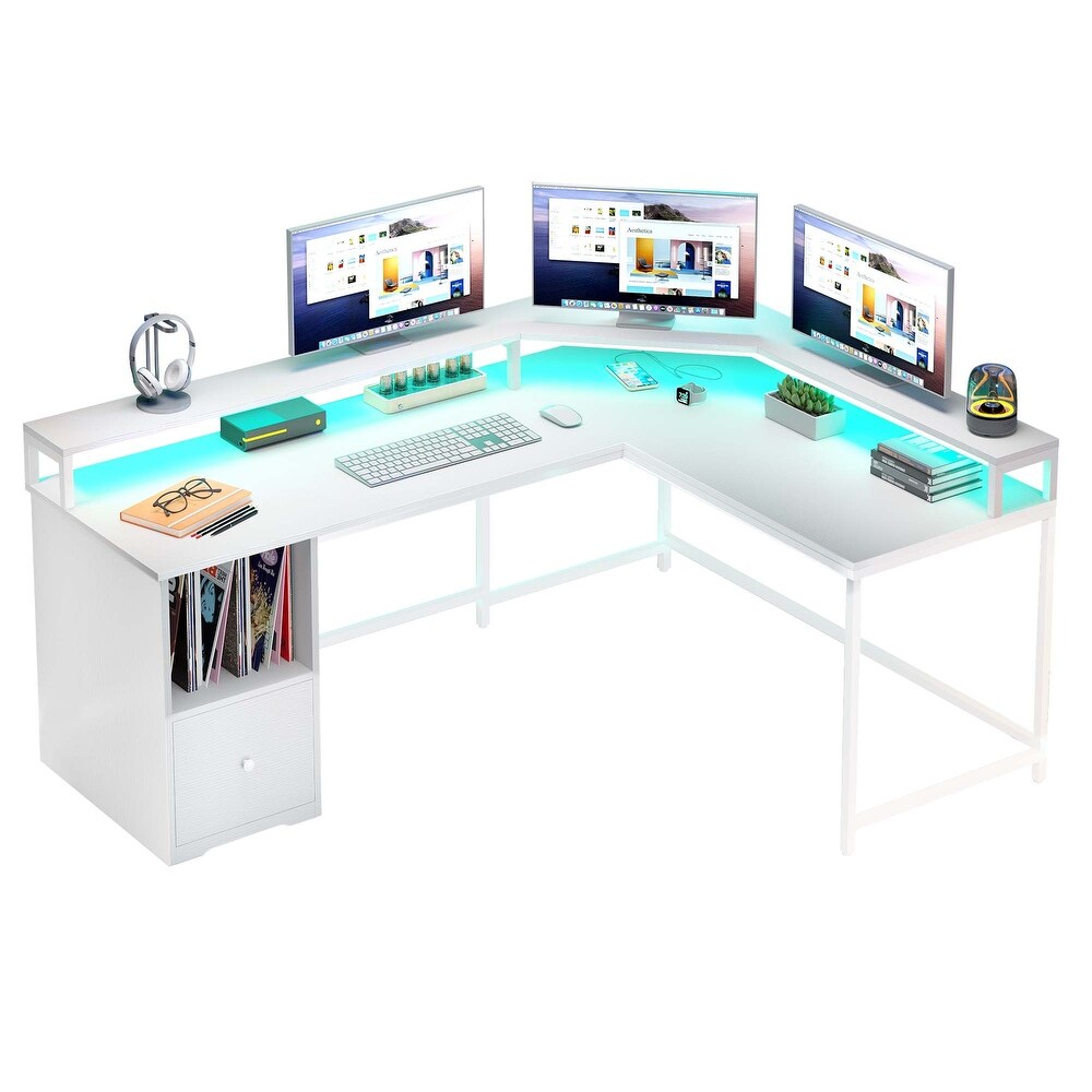 66 inch L Shaped Desk with Shelves and Monitor Stand Home Office Desk