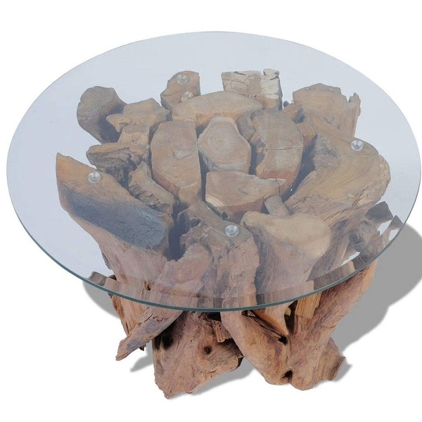 Solid Teak Driftwood Coffee Table with Strong Tempered Glass and Teak Base Living Room Side Tea Stand - as picture