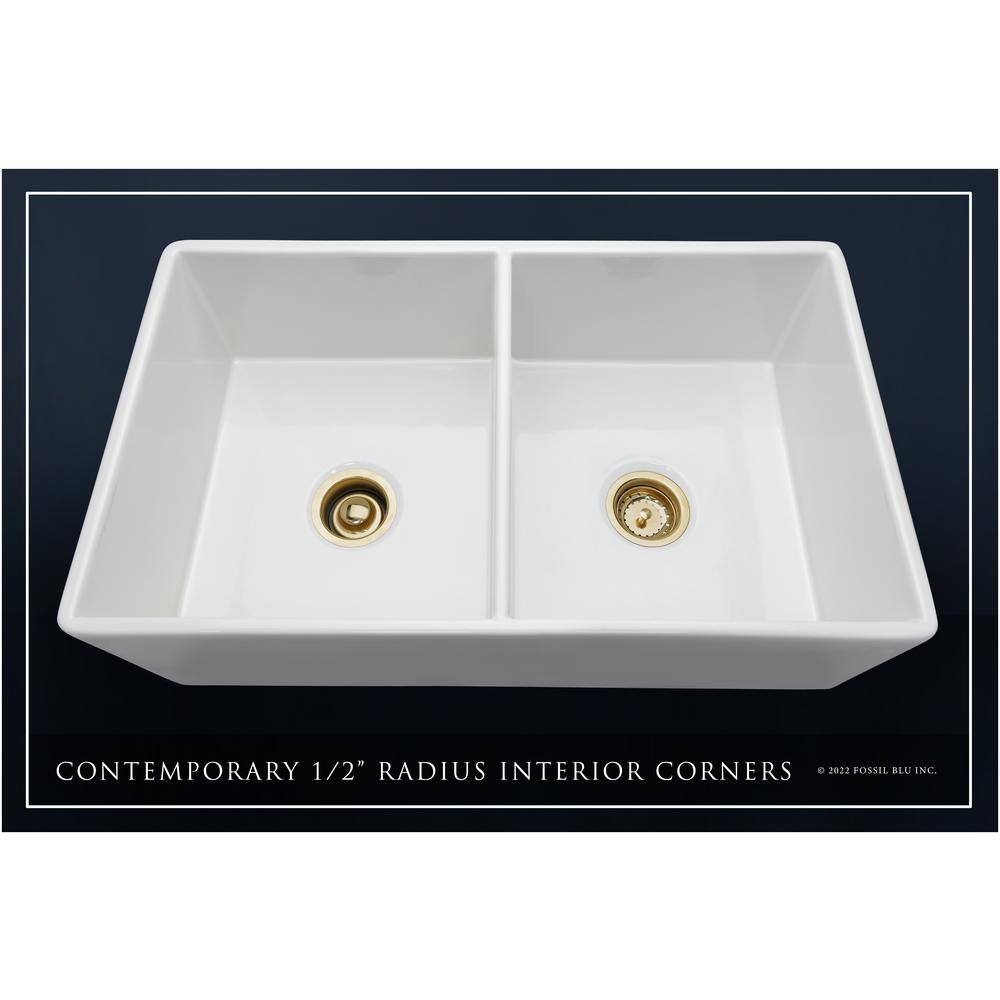 Fossil Blu Luxury 33 in. FarmhouseApron-Front Double Bowl White Solid Fireclay Kitchen Sink with Matte Gold Accs and Flat Front WHS1003BB