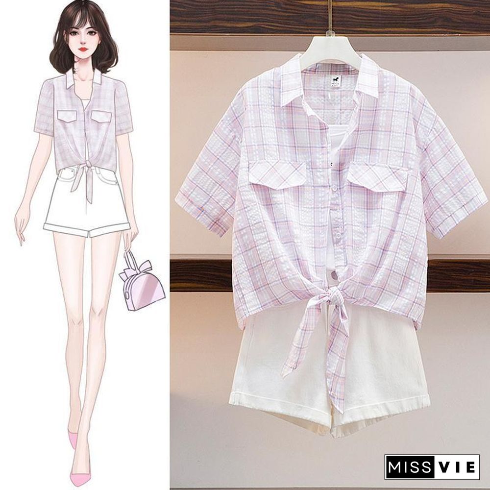 Plaid Blouse+Solid Color Shorts P13907