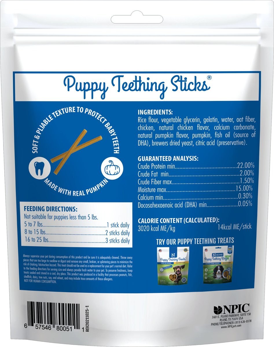 N-Bone Puppy Teething Sticks Pumpkin Dental Chew Treats， 3.74-oz bag