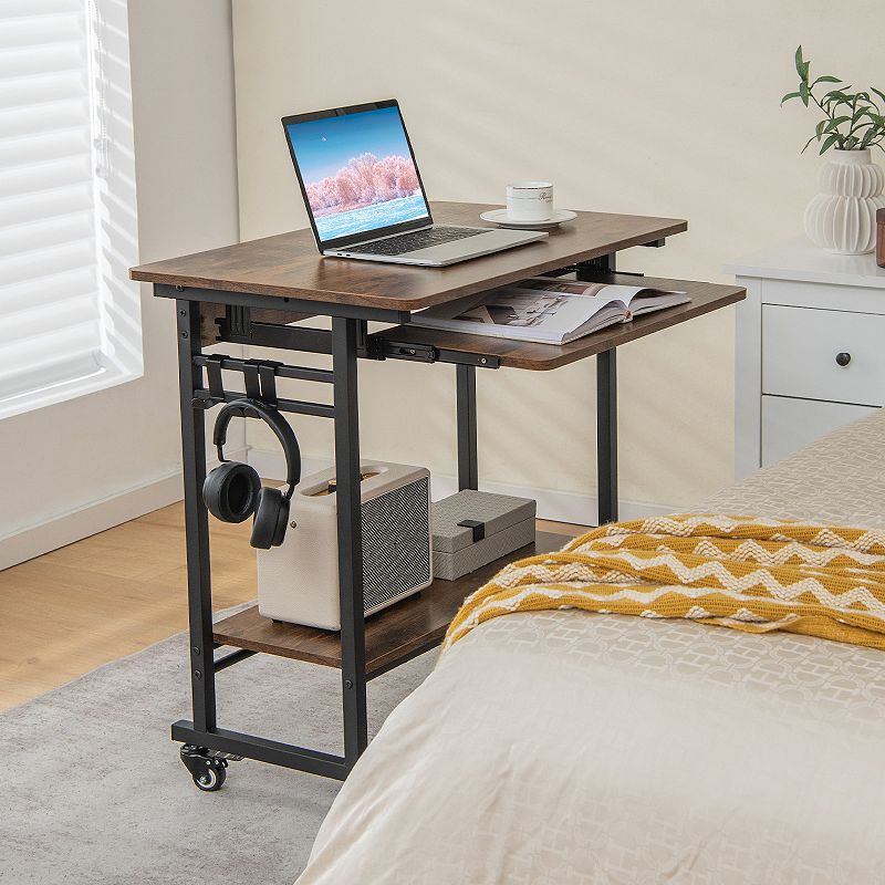 Rolling Laptop Table With Pull-out Keyboard Tray And Hooks-Rustic Brown