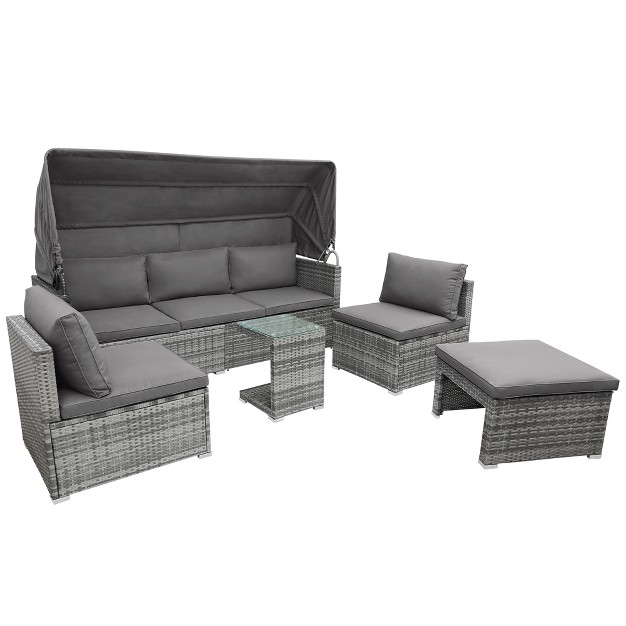 5 Pcs Outdoor Sectional Rattan Daybed Sofa Set Patio Pe Wicker Conversation Furniture Set With Canopy And Tempered Glass Side Table Gray modernluxe