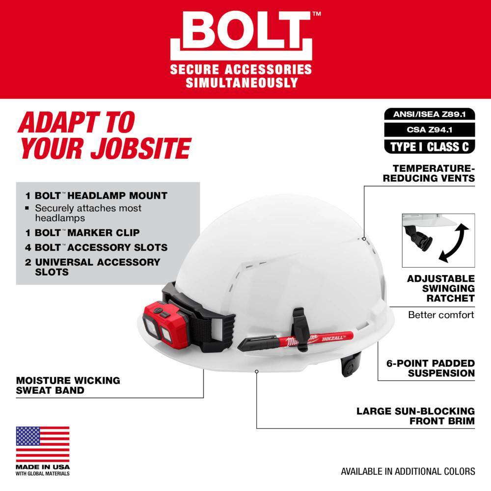 MW BOLT Yellow Type 1 Class C Front Brim Vented Hard Hat with 6-Point Ratcheting Suspension (5-Pack) 48-73-1222X5