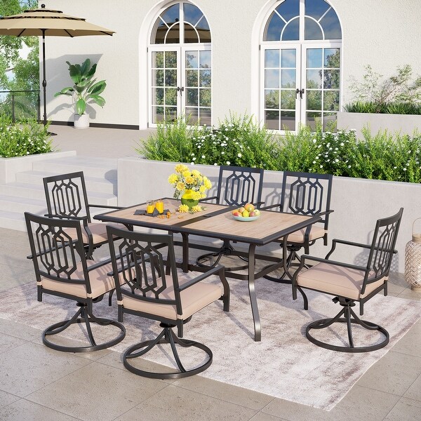 MAISON ARTS 7piece Patio Dining Set，1 Rectangle Woodlike Table with Umbrella Hole and 6 Metal Swivel Chairs