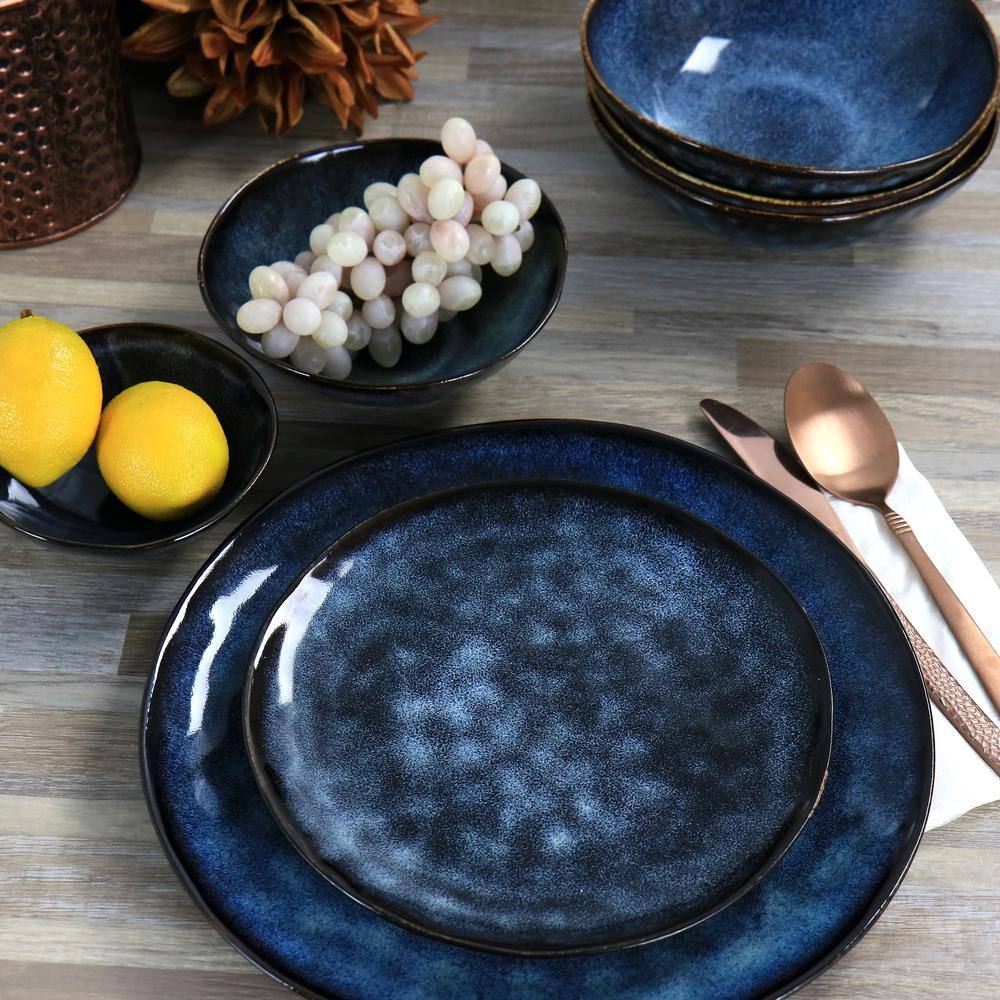 Elama Lucca 20-Piece Blue Round Stoneware Triple Bowl Dinnerware Set 985115043M