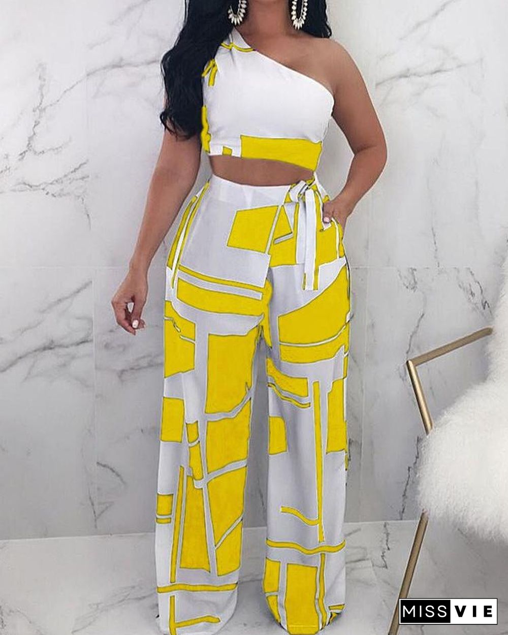 Colorblock One Shoulder Cropped Wide Pants Set