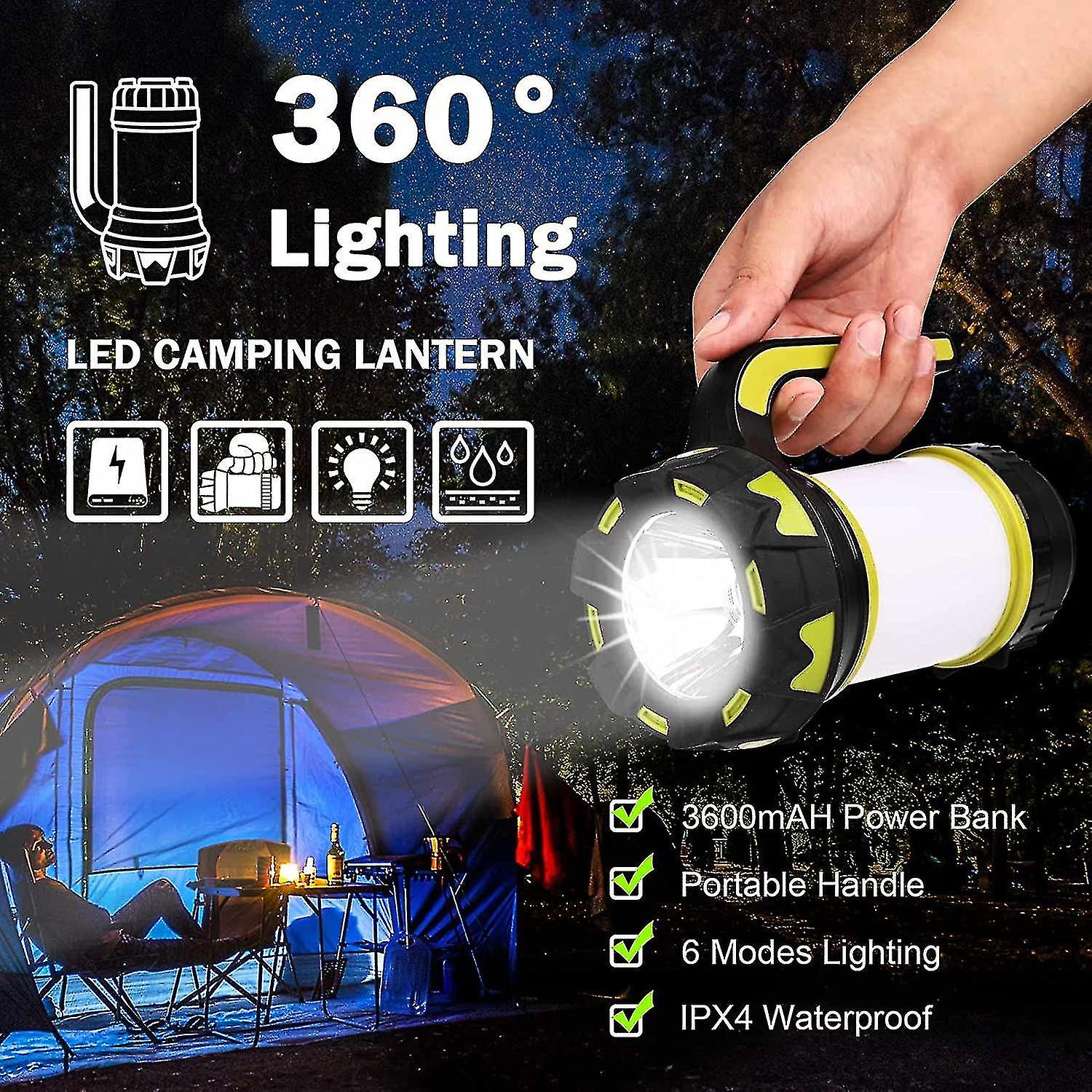 Camping Lantern， Usb Rechargeable Led Camping Light Dimmable Multifunction Camping Flashlight Portable Magnet Hanging Power Bank (green)