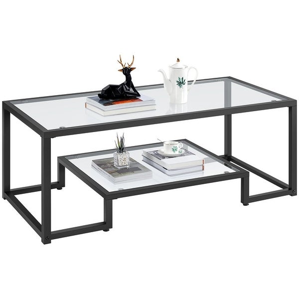 Modern Glass Coffee Table with Metal Frame， Black