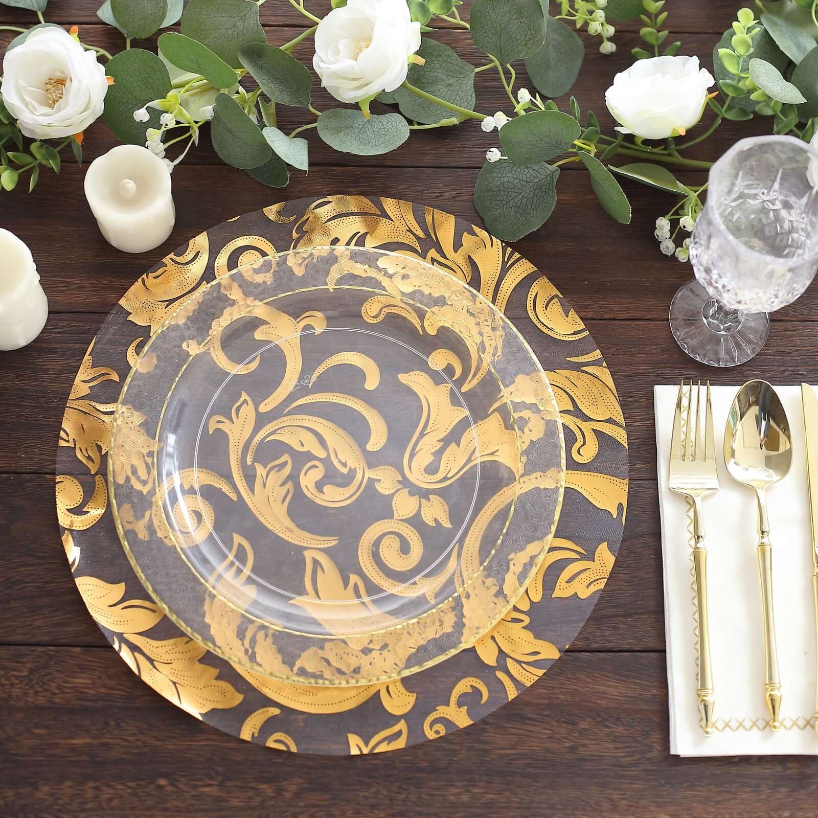 10 Pack Metallic Gold Sheer Organza Round Placemats with Swirl Foil Floral Design, 13