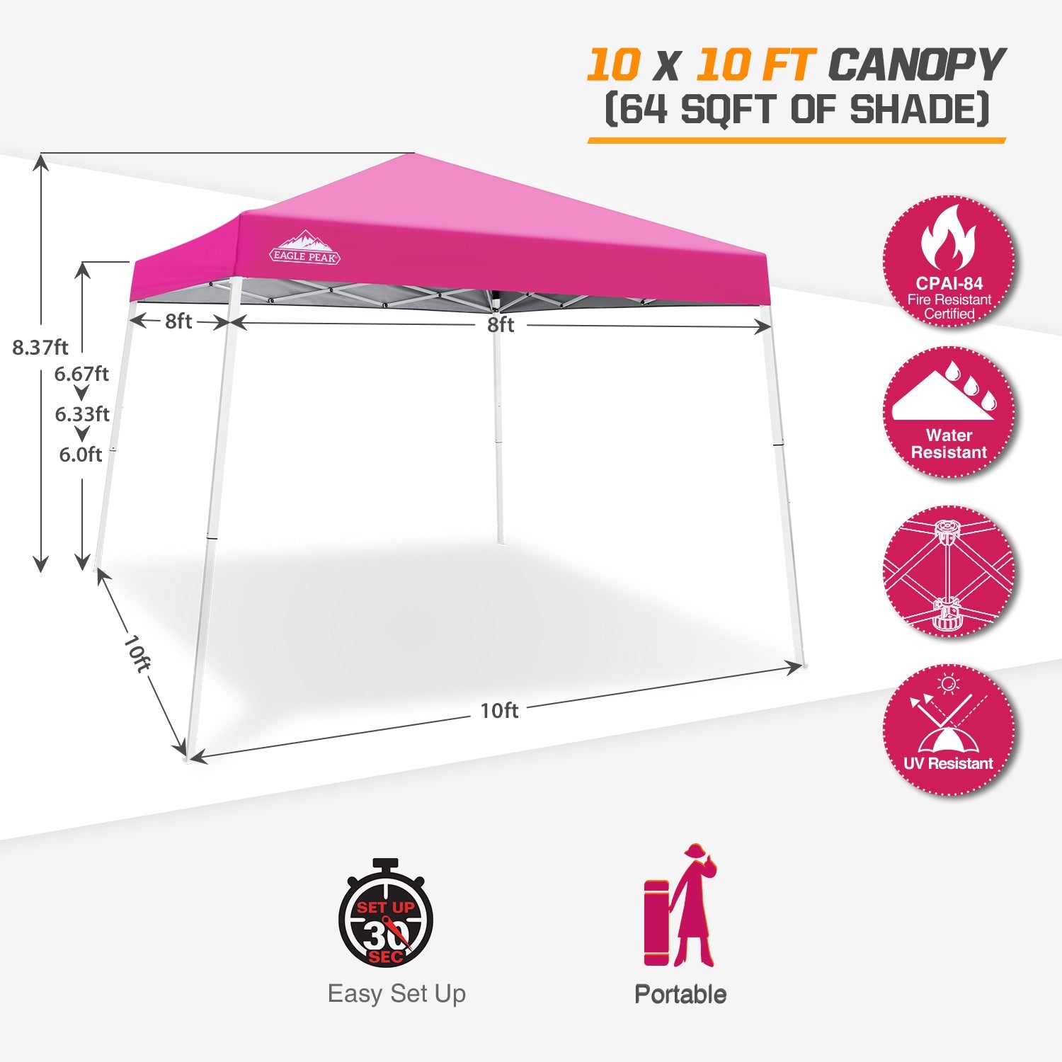 EAGLE PEAK 10' x 10' Slant Leg Pop-up Canopy Tent Easy One Person Setup Instant Outdoor Canopy Folding Shelter with 64 Square Feet of Shade (Pink)