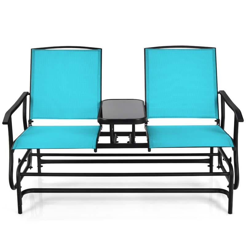 2-Person Outdoor Bench Glider Chair with Center Table, Mesh Fabric Rocking Loveseat for Patio