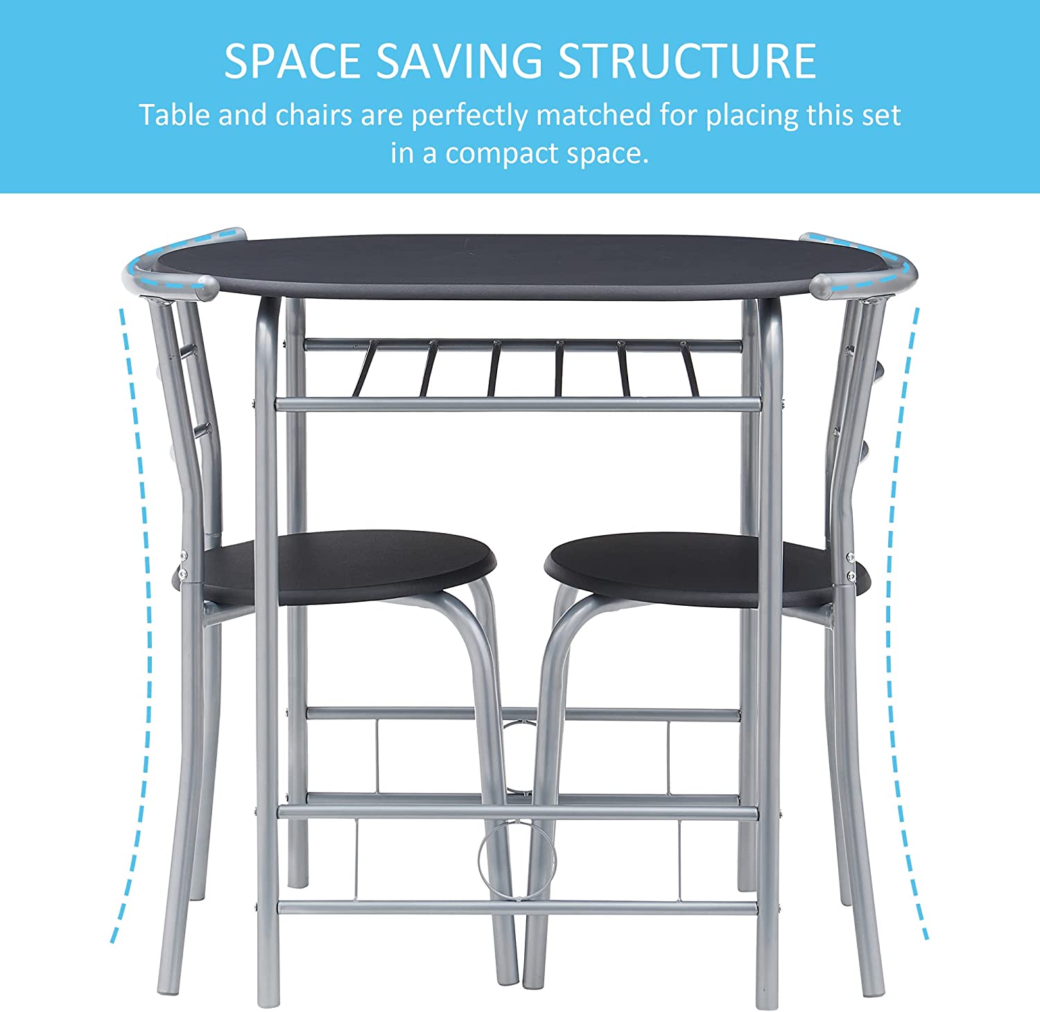 VECELO 3 Piece Wood Round Table and Chair Set for Dining Room Kitchen Bar Breakfast， with Wine Storage Rack， Space Saving， 31.5， Black