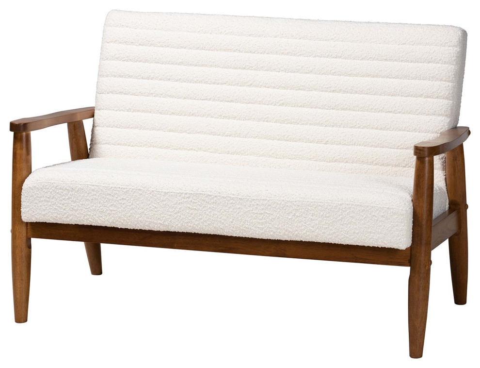 Mid Century Modern Cream Boucle Fabric Walnut Brown Finished Wood Loveseat   Midcentury   Loveseats   by Imtinanz  LLC  Houzz