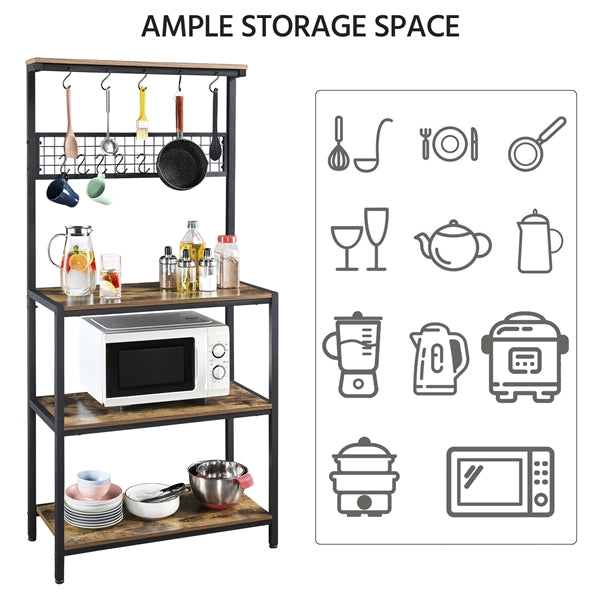 Topeakmart 67''H Kitchen Bakers Rack Utility Storage Shelf Unit with 4 Storage Shelves and 10 Hooks and Adjustable Feet Rustic Brown