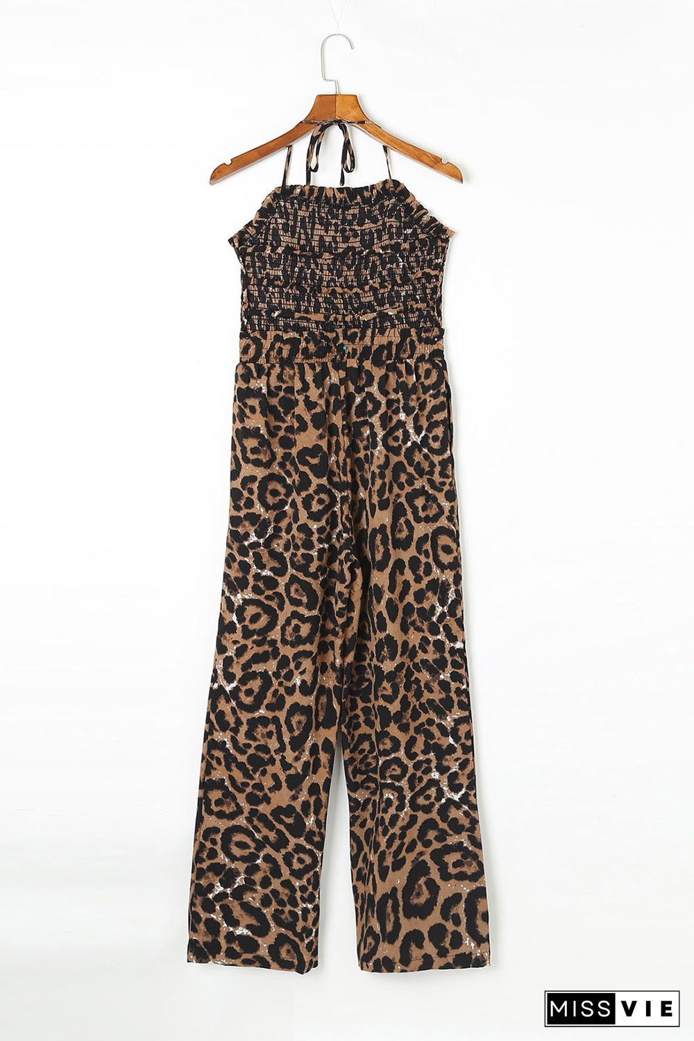 Leopard Print Halter Neck Backless Wide Leg Jumpsuit