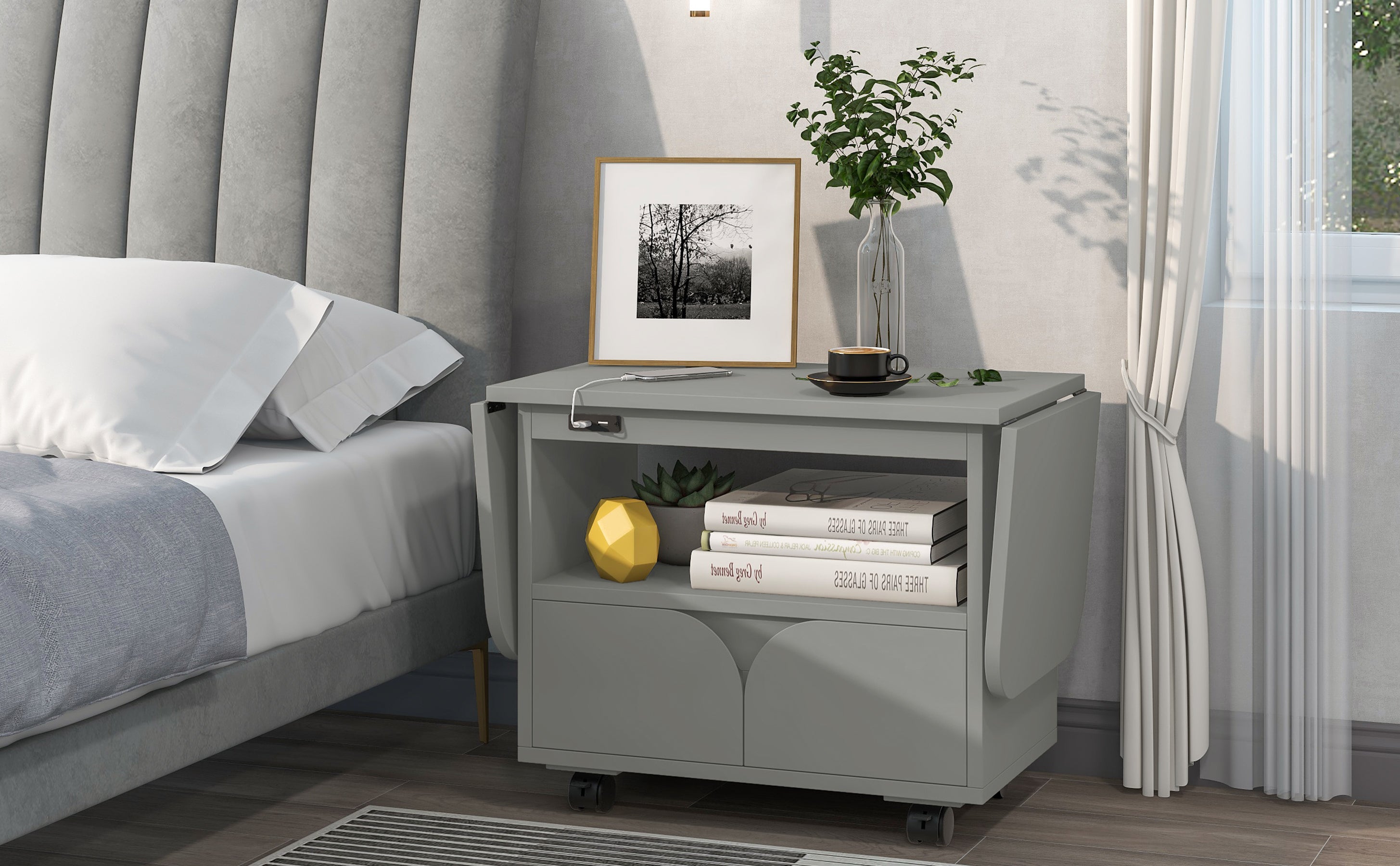 Suzicca Foldable Bedroom Nightstand with 2 Drawers,USB Charging Design,Gray