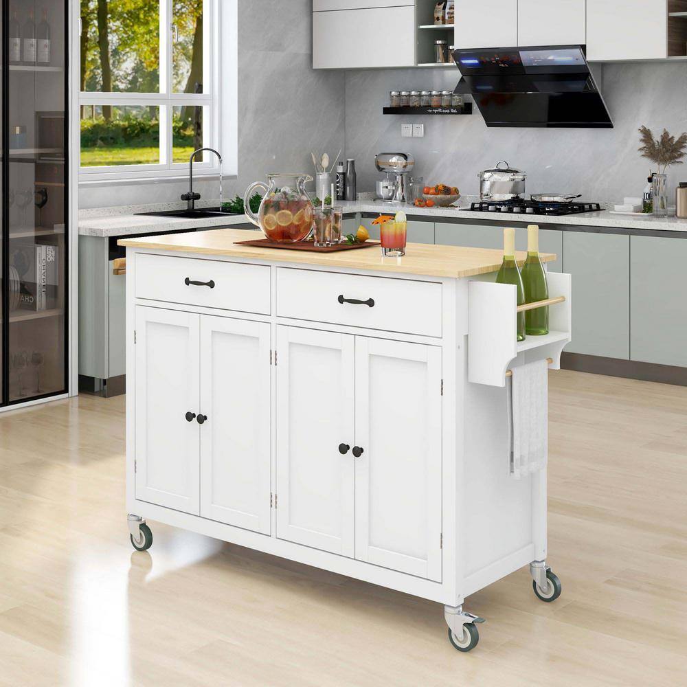 Whatseaso 54.3 in. Spice Rack Towel Rack White Kitchen Island with Solid Wood Top and Locking Wheels 4-Door Cabinet and 2-Drawers LNN-K110502013