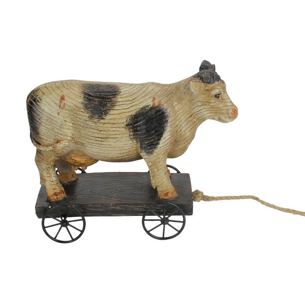 Black And White Wood Textured Cow On Cart Outdoor Garden Statue