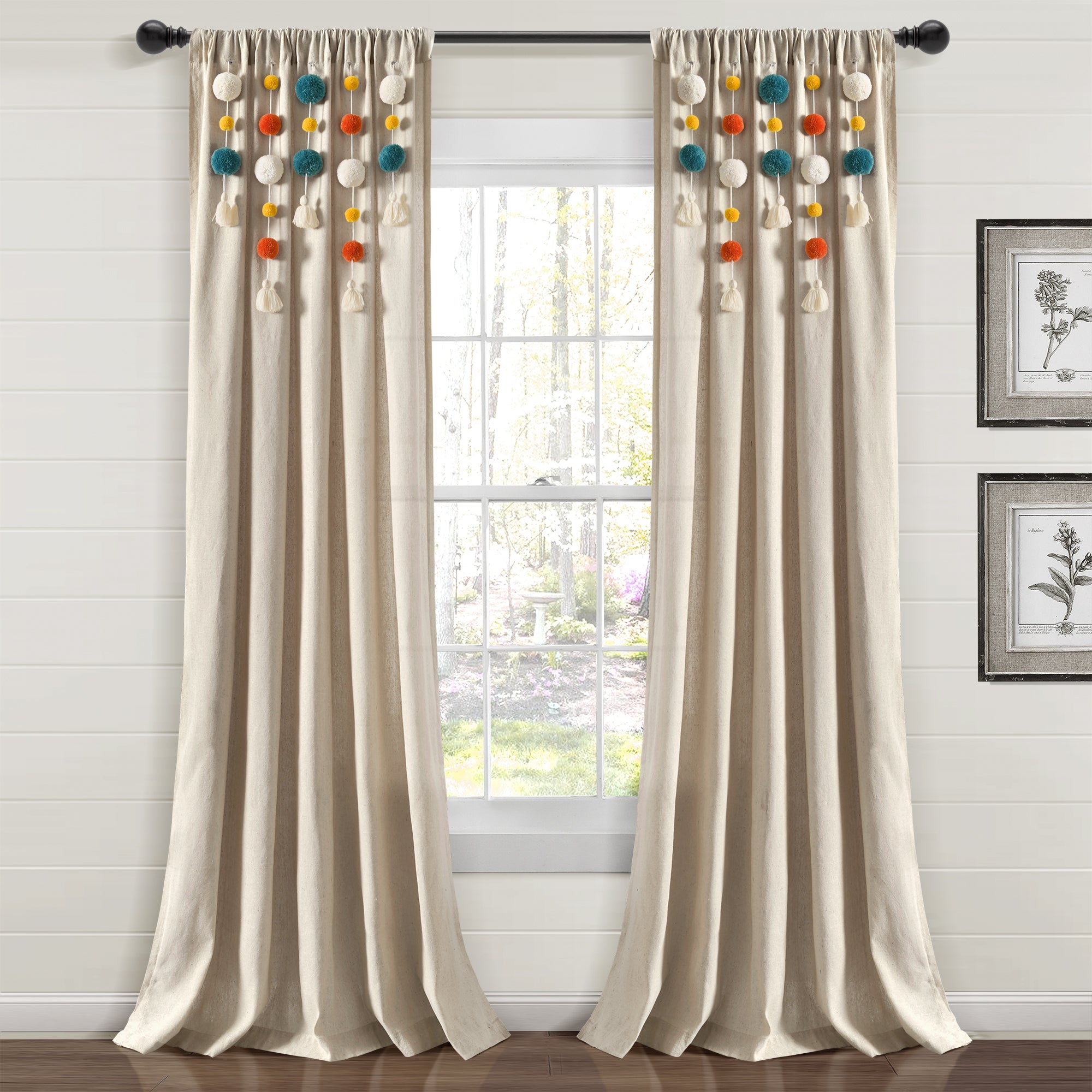 Boho Pom Pom Tassel Faux Linen Window Curtain Panel