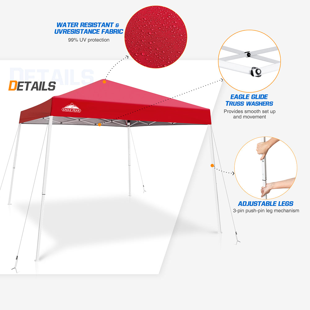 EAGLE PEAK 10' x 10' Slant Leg Pop-up Canopy w/ Easy Peak One Person Setup (64 sqft of Shade)