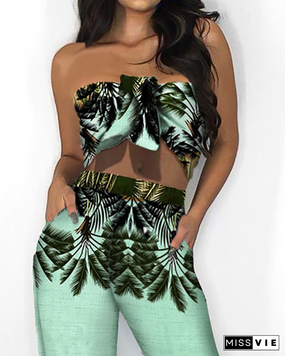 Tropical Print Bandeau Knotted Top & Slit Pants Set