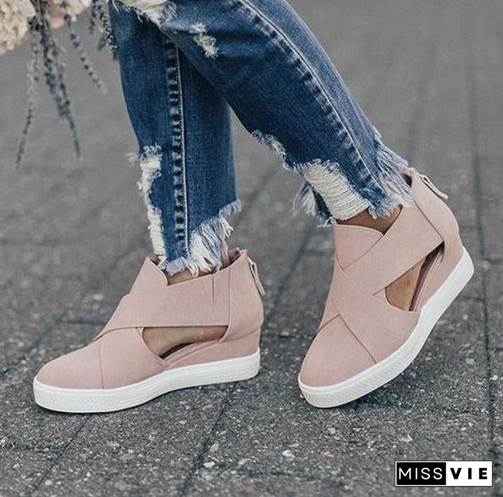 Women Solid High Flats wedges Heel Height Increasing Chunky Platform Vulcanized Sneakers Shoes