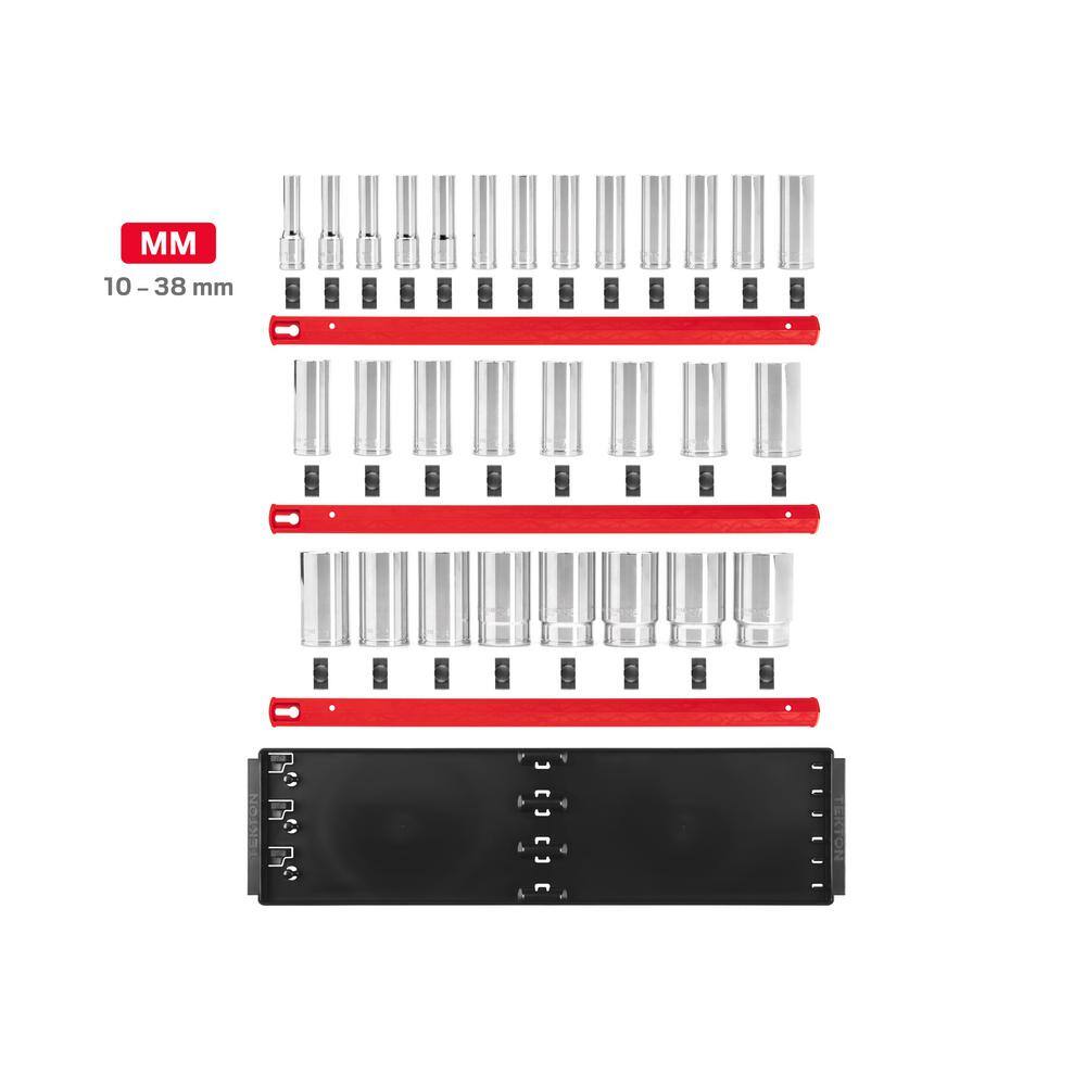 TEKTON 12 in. Drive Deep 12-Point Socket Set with Rails (10-38 mm) (29-Piece) SHD92129