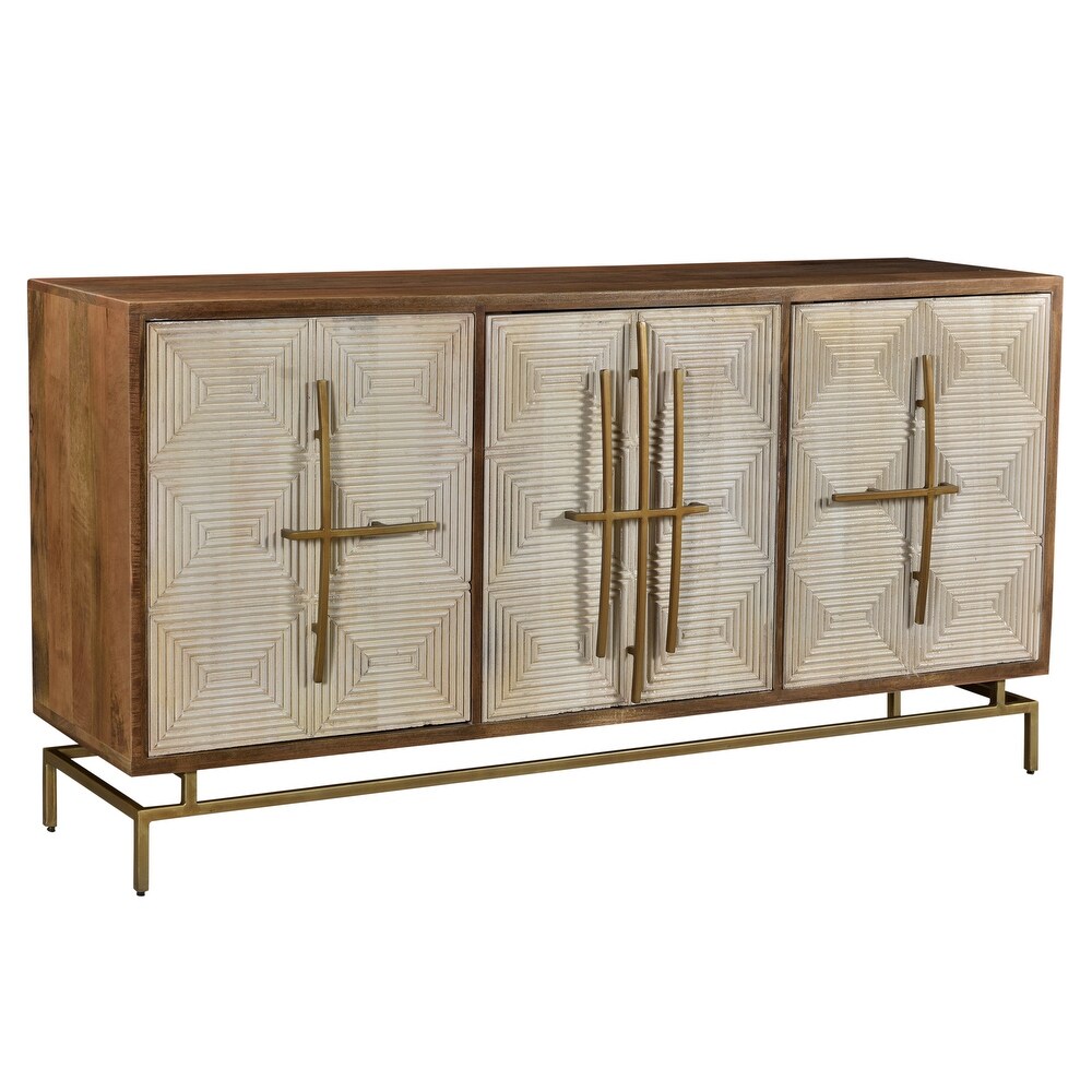 ura White   Natural Mango Wood 3 Door Sideboard w Gold Hardware   69\