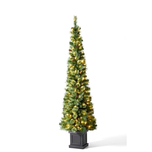 Glitzhome 7ft PreLit Slim Pine Christmas Potted Porch Trees With 200 LED Lights