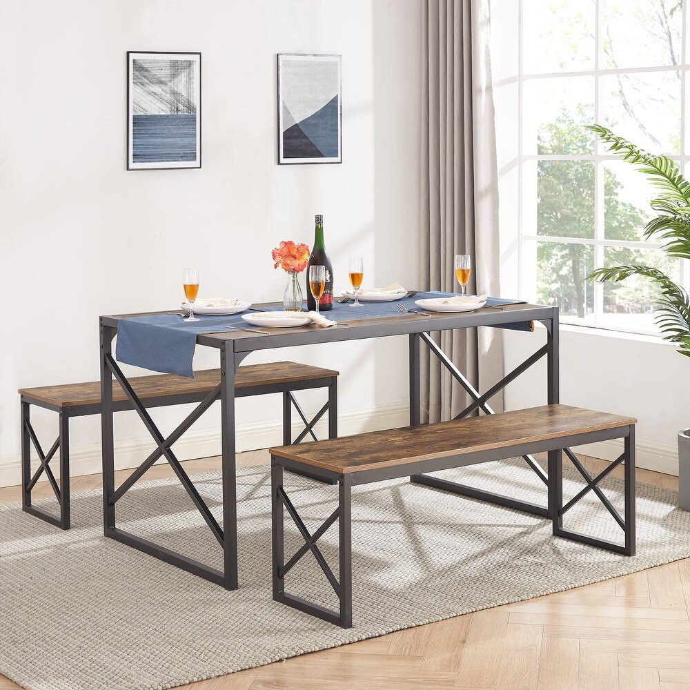 VECELO 3 pieces Dining Table Set with Bench for Kitchen and Restaurant