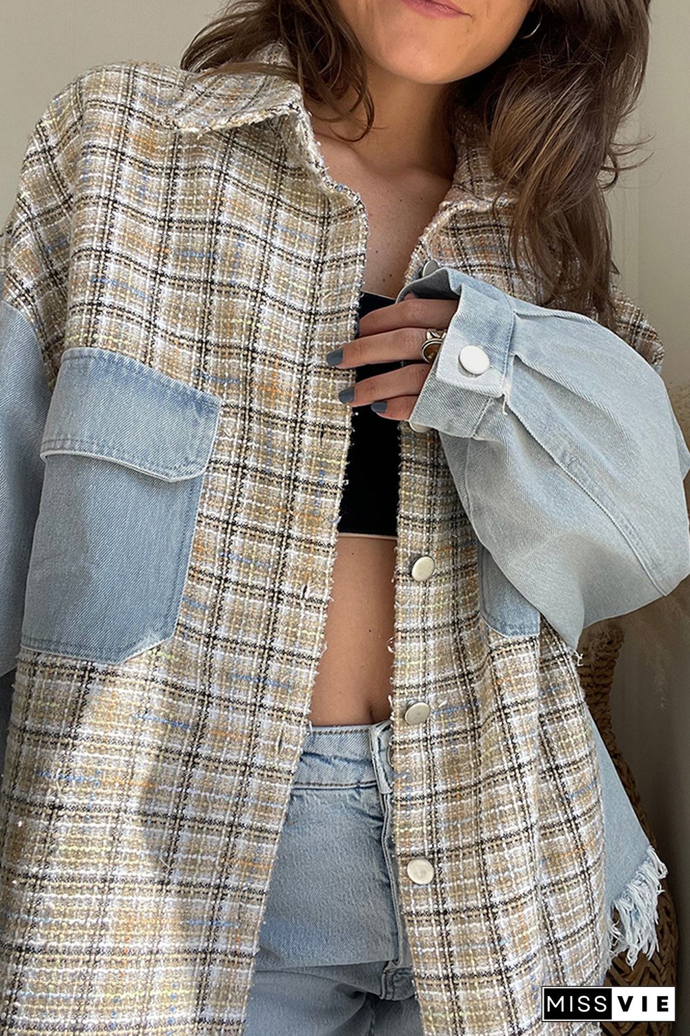 Lt Blue Ripped Denim Splicing Knit Plaid Pocketed Oversized Jackets