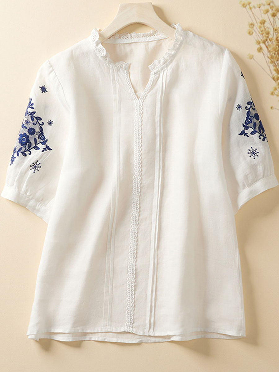 V-neck Casual Loose Embroidered Short Sleeve Blouse