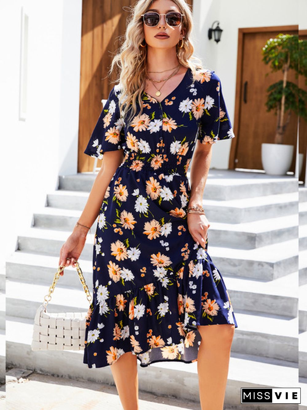 Disty Floral Smocked Elastic Waist Ruffle Hem Dress