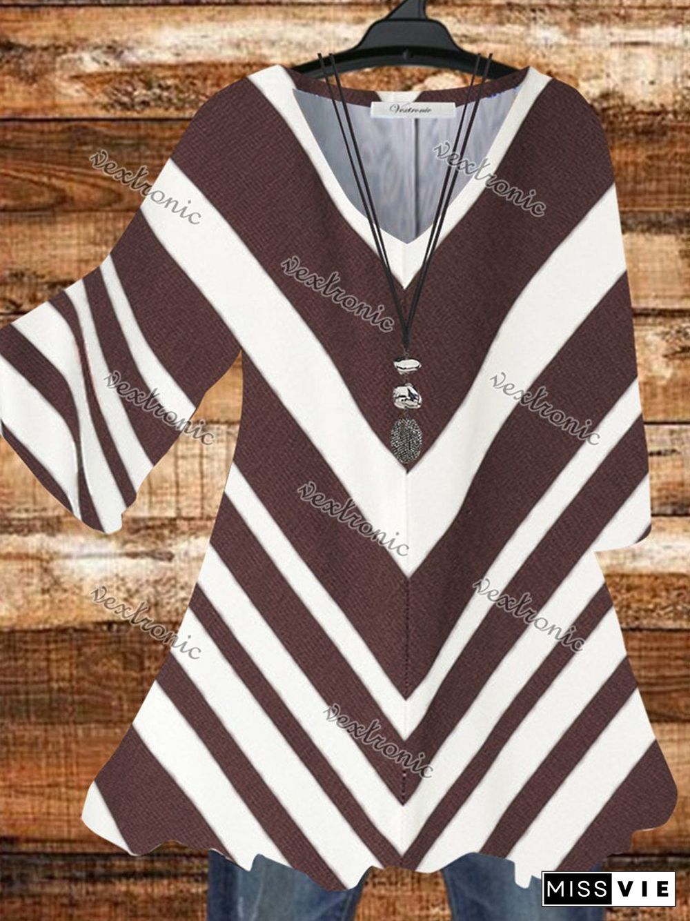 Women Half Sleeve V-neck Striped Geometric Printed Top Dress