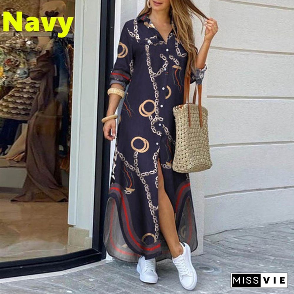 Fashion Women Summer Autumn Long Sleeve Turn-Down Collar Shirt Dresses Ladies Loose Printed Long Dresses Party Dresses