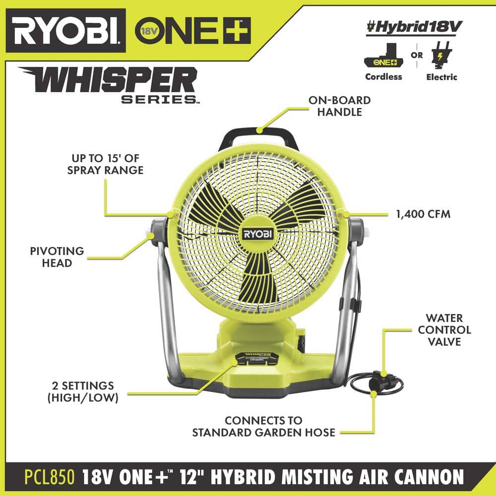 RYOBI ONE+ 18V Cordless Hybrid WHISPER SERIES 12 in. Misting Air Cannon Fan Kit with (2) 4.0 Ah Batteries and 18V Charger PCL850K1-PBP005